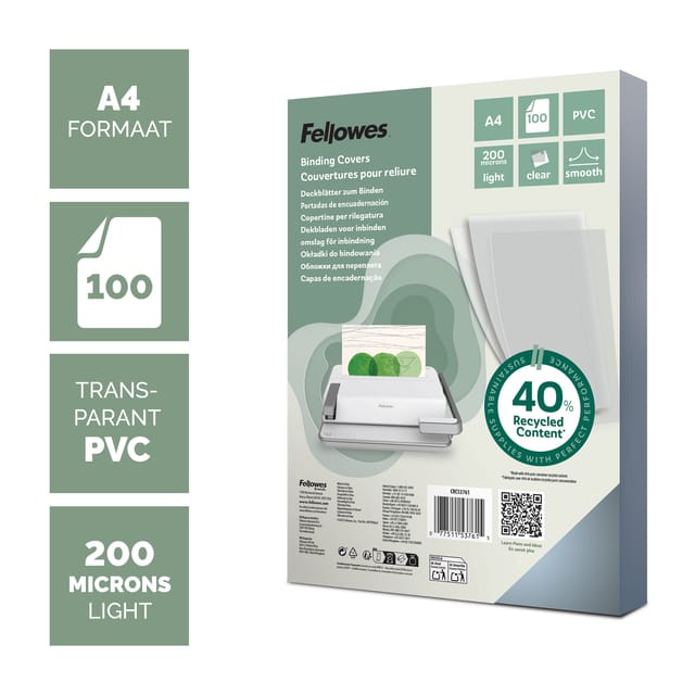 Fellowes dekblad pvc, transparant, A4, voor draad- en plasticinbindmachines, 200 µm, 100