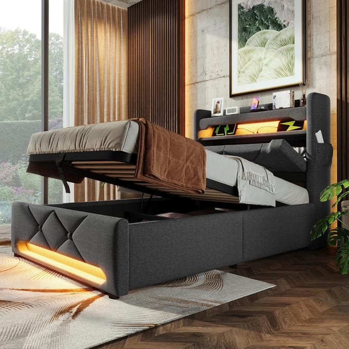 Gestoffeerd tweepersoonsbed met USB en LED verlichting - 90x200cm grijs