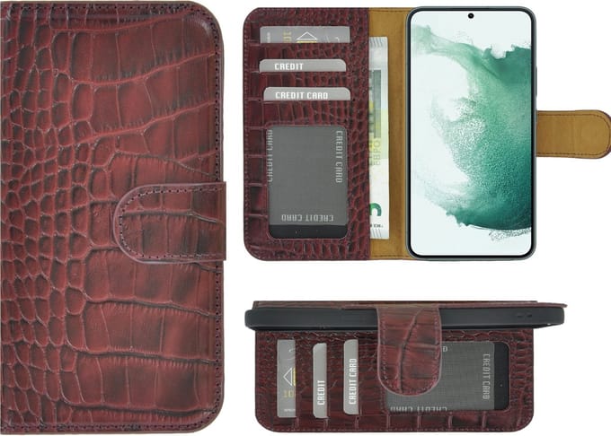 MoDo hoesje Geschikt voor Samsung Galaxy S22 Plus - Echt Leer Book Case - Croco Bordeauxrood