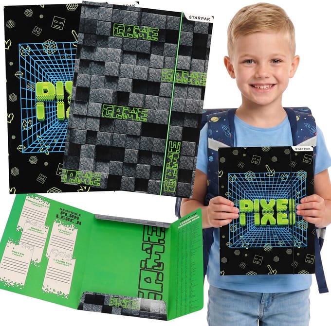 PIXEL A4 schoolmap met elastiek voor jongens, voor documenten, tekeningen, schoolspullen