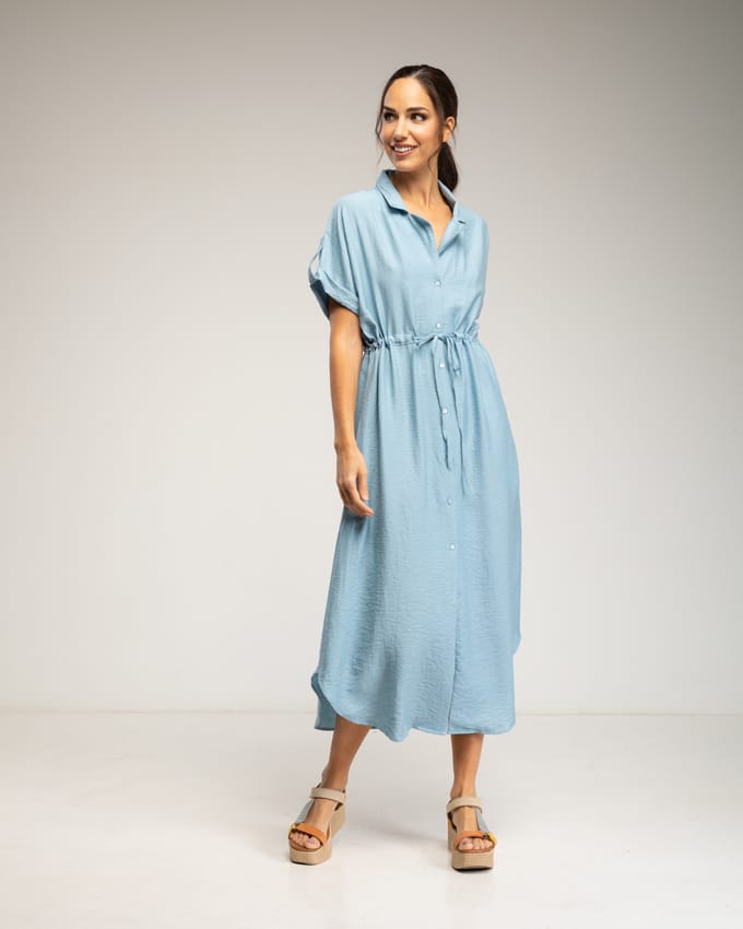Midi-jurk met elastische taille en borst, rimpelmouwen en zakken