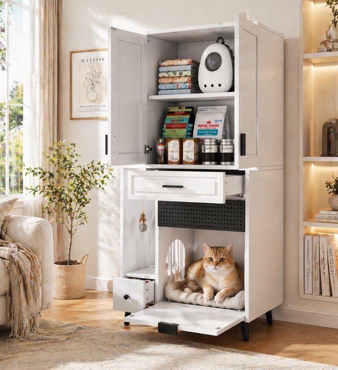 Clruro Kattenkast - Multifunctioneel - met Verplaatsbare Planken, Lades en Kattenbed