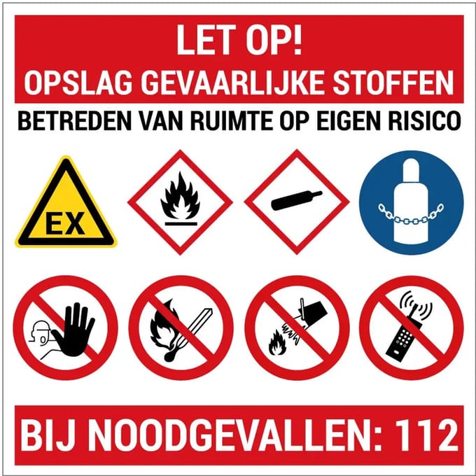 Let op opslag gevaarlijke stoffen bord | gecoat dibond materiaal | 20 x 20 cm