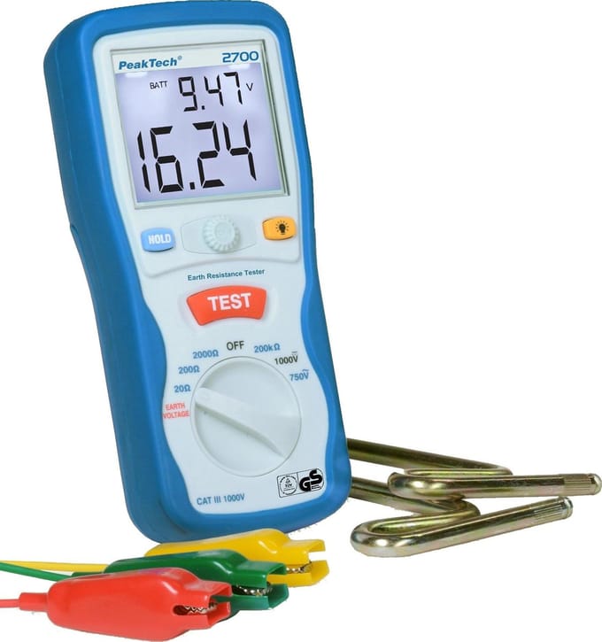 Peaktech 2700 - aardingsmeter - 0 tot 2000 Ohm - CAT III 1000 V - complete set met accessoires