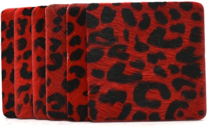 Timbelt set van 6 onderzetters - panter rood - 100% leer