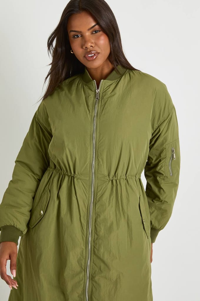 boohoo Dames Maxi Bomber Jacket | Khaki | Maat: 8