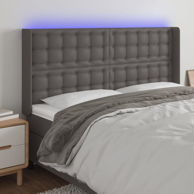 vidaXL - Hoofdbord - LED - 203x16x118/128 - cm - kunstleer - grijs