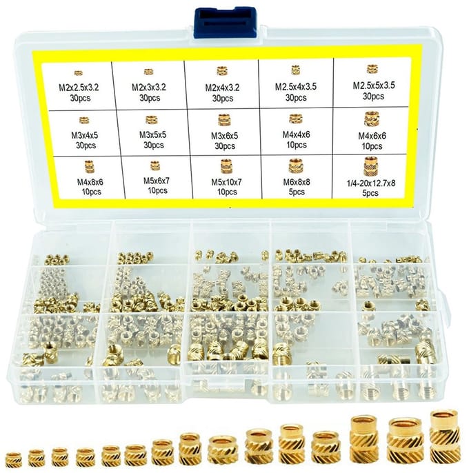 300 stuks gekartelde schroefdraad insert moeren set - messing warmte insert moeren assortiment kit
