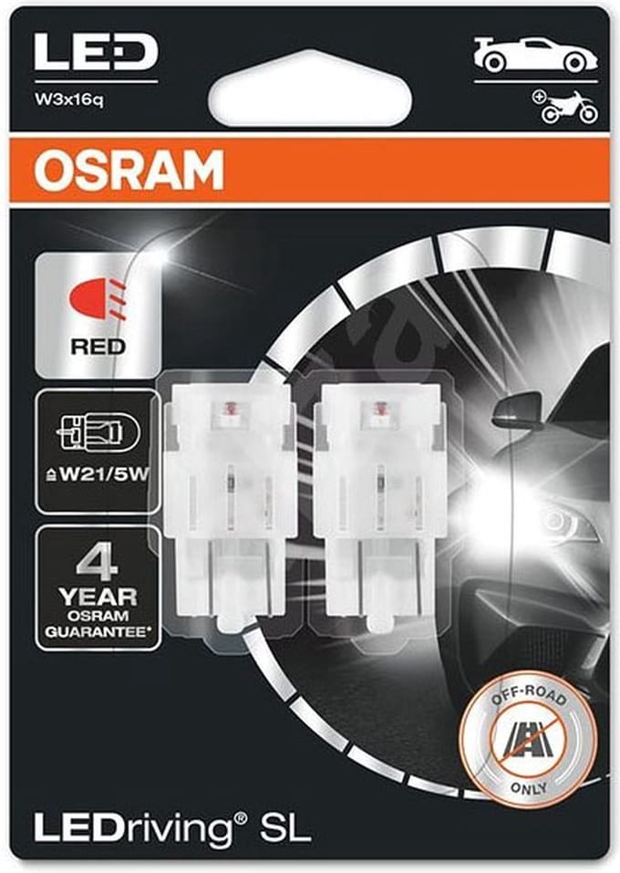 Osram W21/5W LED Retrofit Rood 12V W3x16q 2 Stuks