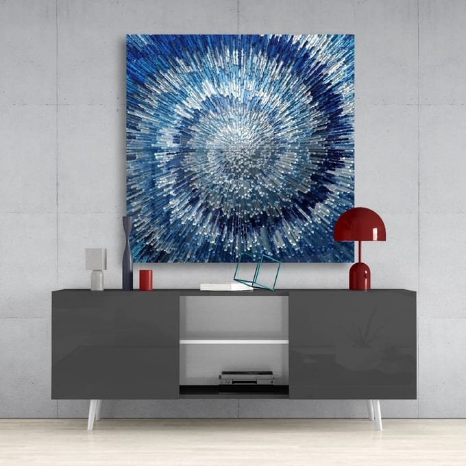 Vierkant Glasschilderij – Blauwe Abstracte Explosie - 40x40 cm