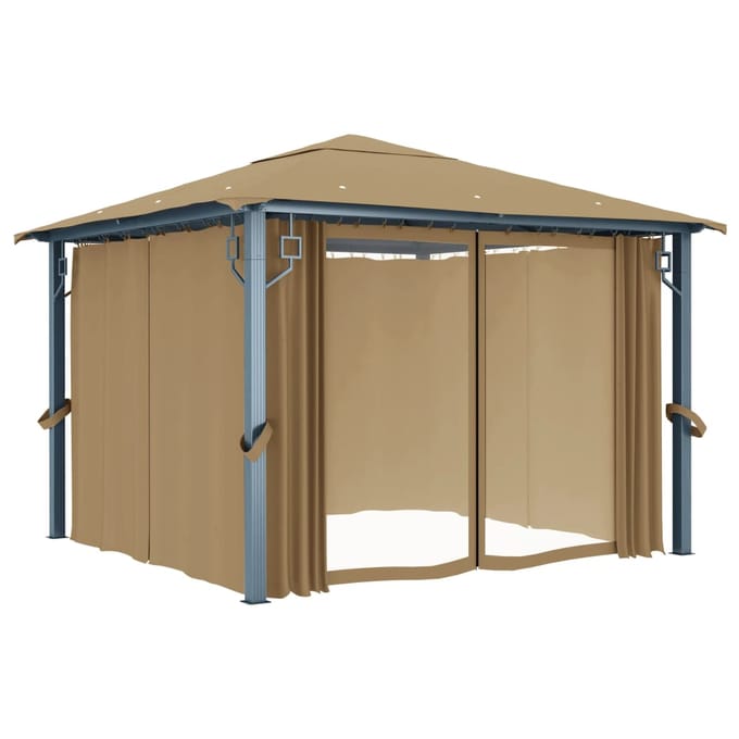vidaXL - Prieel - met - gordijn - 300x300 - cm - aluminium - taupe