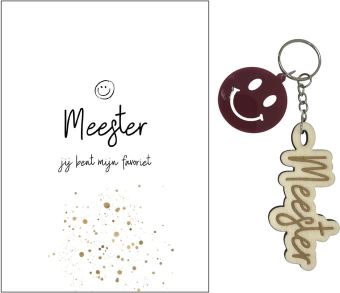 Sleutelhanger en kaartje MEESTER | bruin | smiley | jij bent de coolste | liefste meester | topmeester | einde schooljaar | cadeau