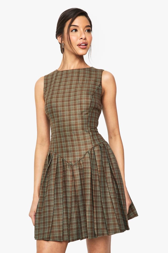 boohoo Dames Check Geruite Geplooide, Op Maat Gemaakte Jurk | Maat: 34