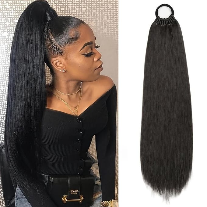 Queue de cheval synthétique lisse de 61 cm avec élastique, résistante à la chaleur, pour femme #8 brown