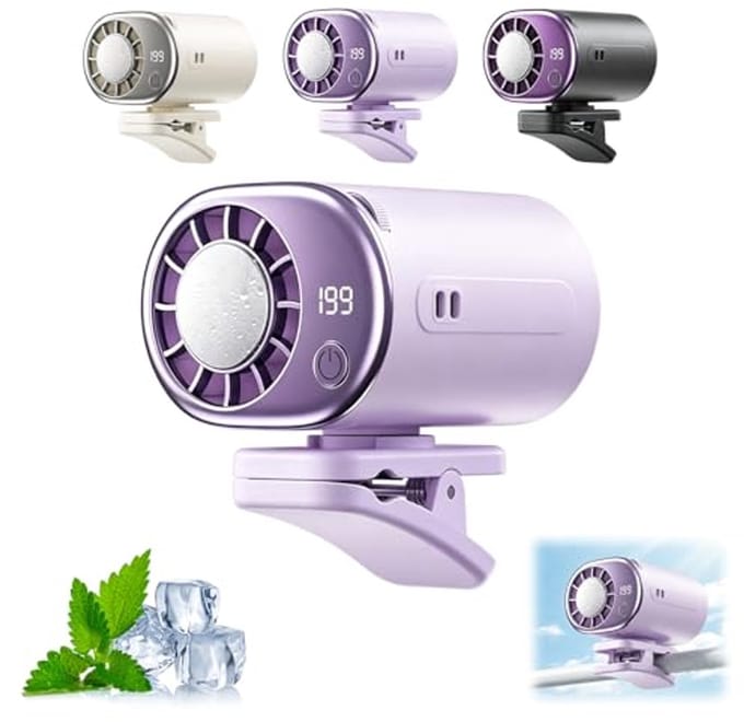 Draagbare Clip Ventilator met Koelmodule - USB Oplaadbare Ventilator met LED Display en 360° Rotatie - Voor Kinderwagen, Bureau, Camping en Auto - Paars