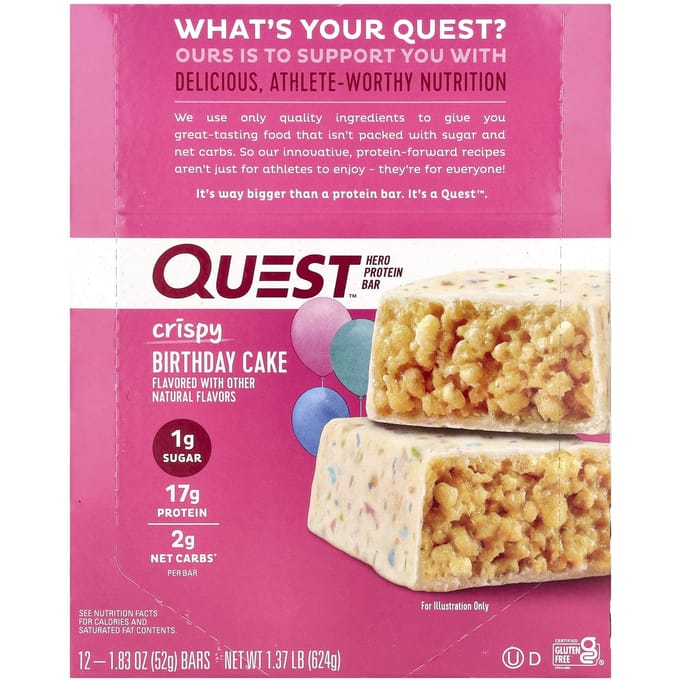 Quest Nutrition, Barres Protéinées Hero, Croustillantes, Gâteau d'Anniversaire, 12 Barres, 1.83 oz (52g) Chaque