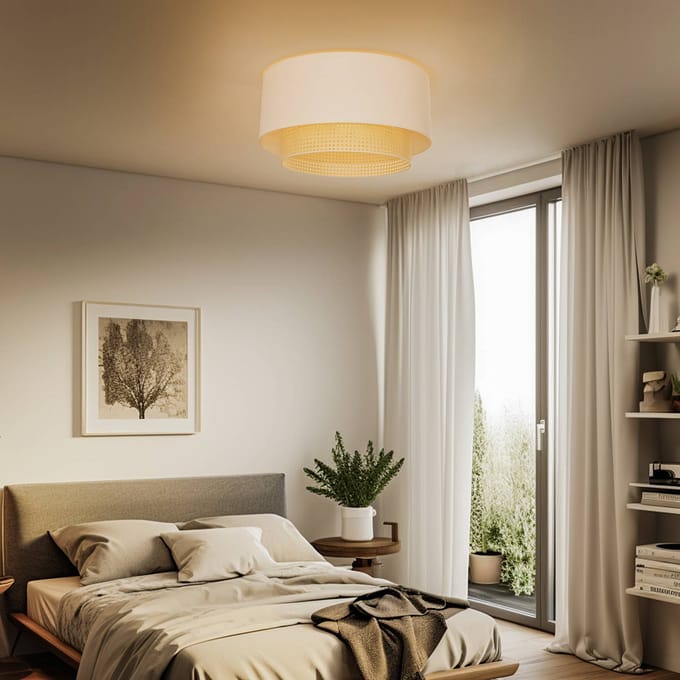 Duolla Plafondlamp Boho, crème/hout, Ø 60 cm, textiel/rotan
