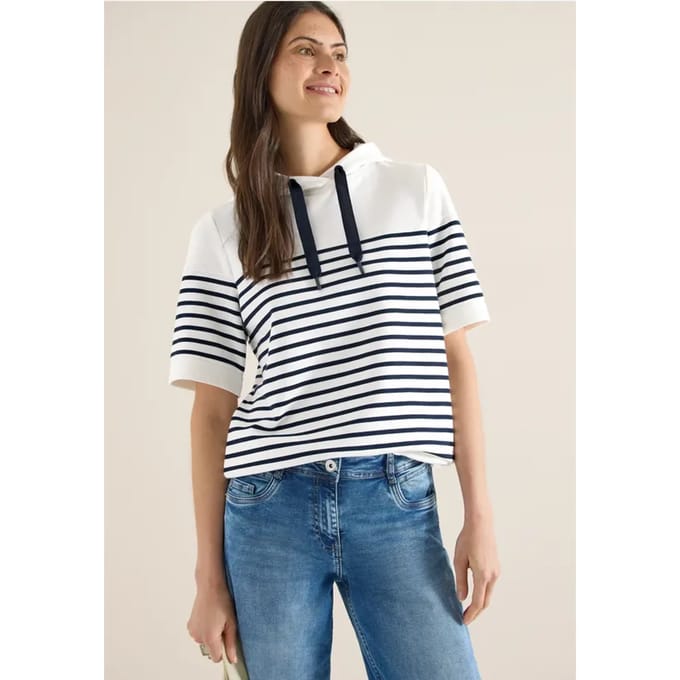 Sweater met korte mouwen, capuchon en strepen