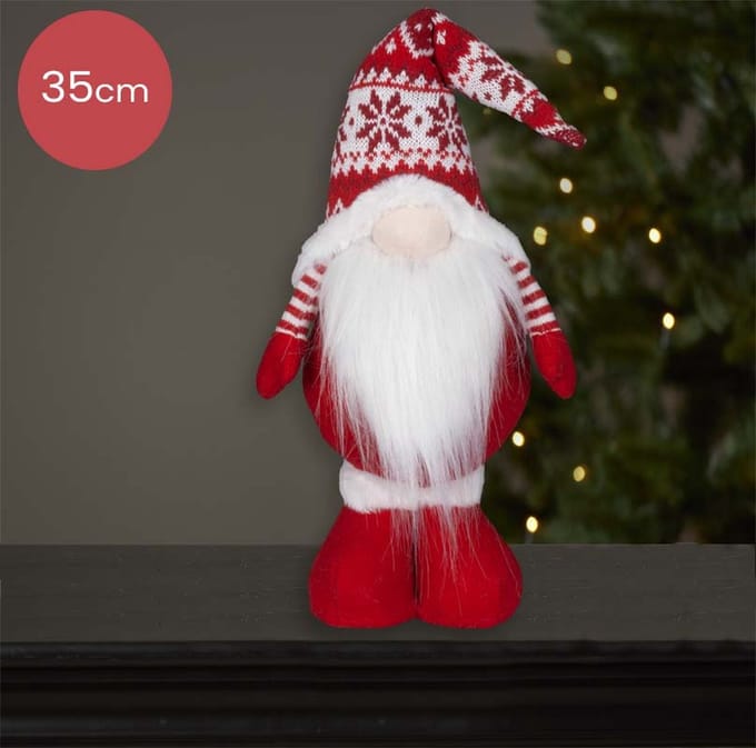 Staande rode Gnoom met wit/rood figuurde muts - 35(48)cm