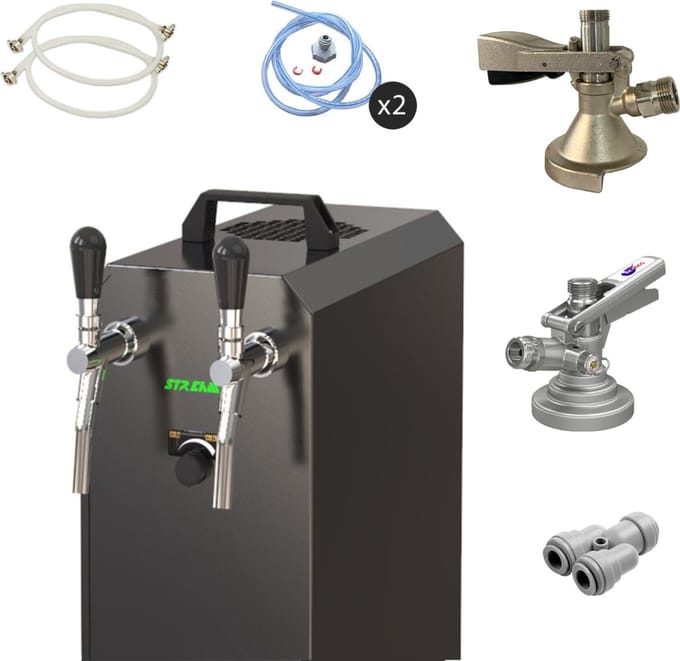 Complete set - Biertap - stream 50/K 2-kraans RVS, 50 liter/u, met membraanpomp - Biertap, Beertender, Thuistap, Bierkoeler, Type A, KeyKeg