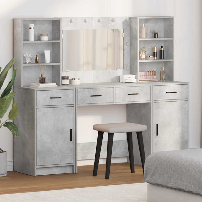 vidaXL - Dressing - tafel - set - met - LED - 3 - st - Beton - Grijs - Bewerkt - hout