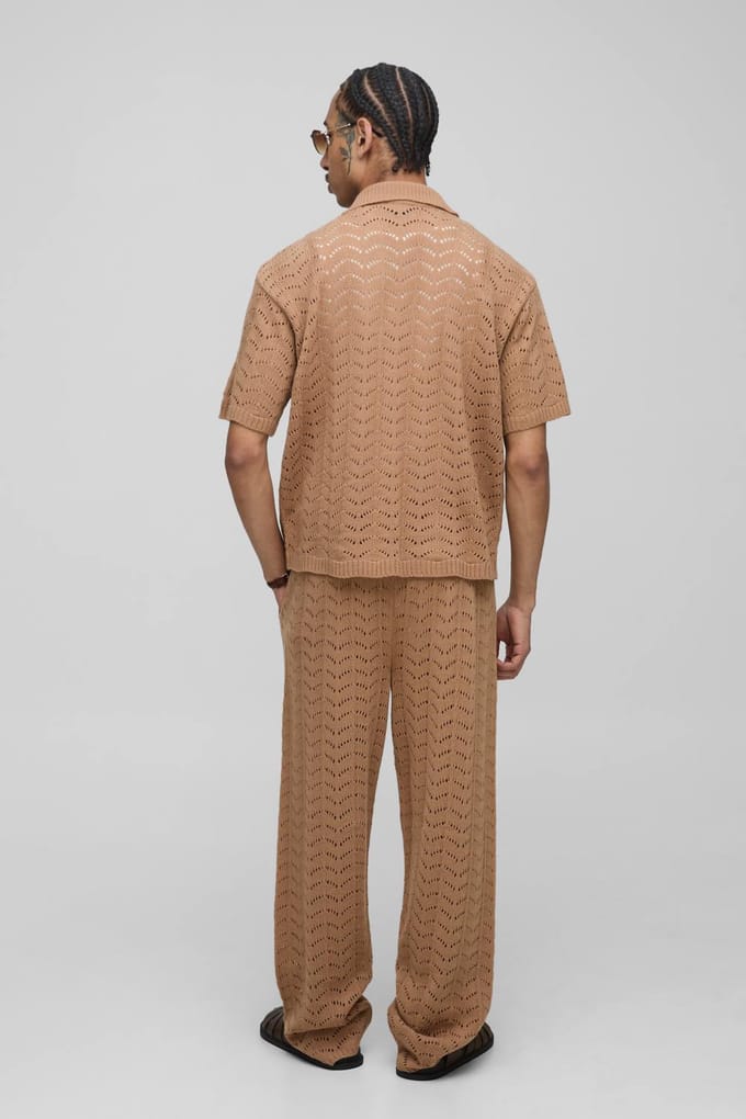 Relaxed Boxy V Neck Texture Knitted Trouser and Polo Set | Taupe | Size Small