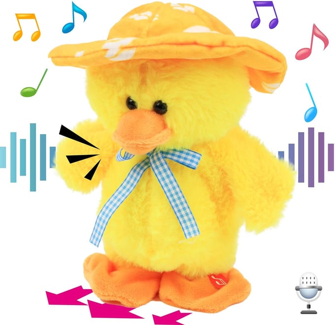 Dailygoods- Pratende Eend - Interactief Speelgoed - Zingende Eend - Pluche Knuffel - Educatief Speelgoed - Geschikt voor Peuters - 20 cm Hoog