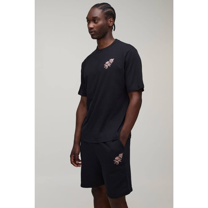 Tall Regular Fit T-shirt Met Rozenborduursels & Regular Fit Short Set | Black | Size Medium