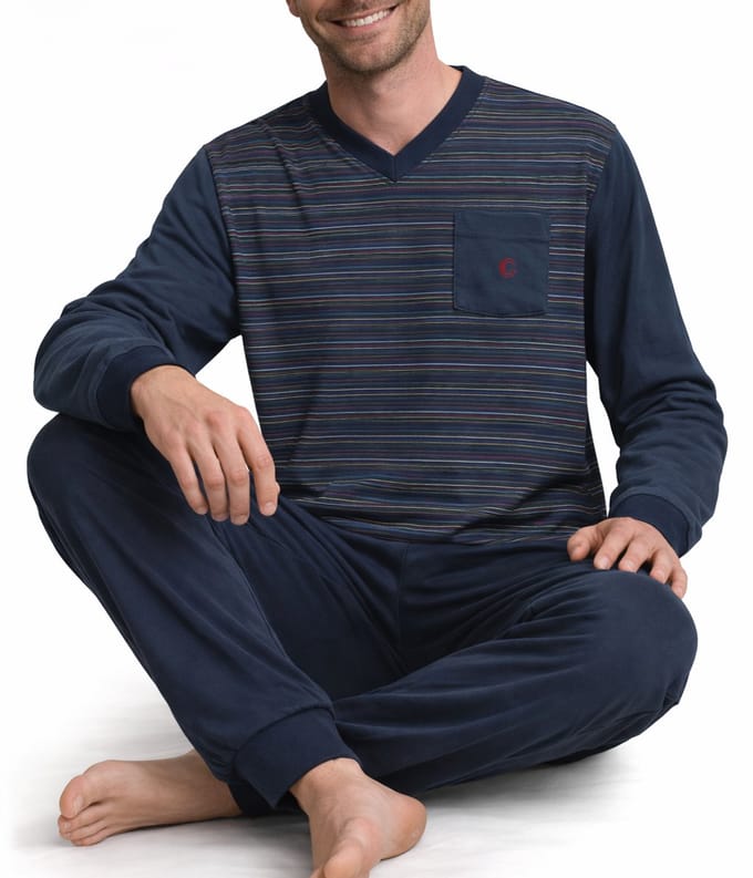 Gentlemen - Badstof Heren Pyjama - Navy - V-hals - Maat M