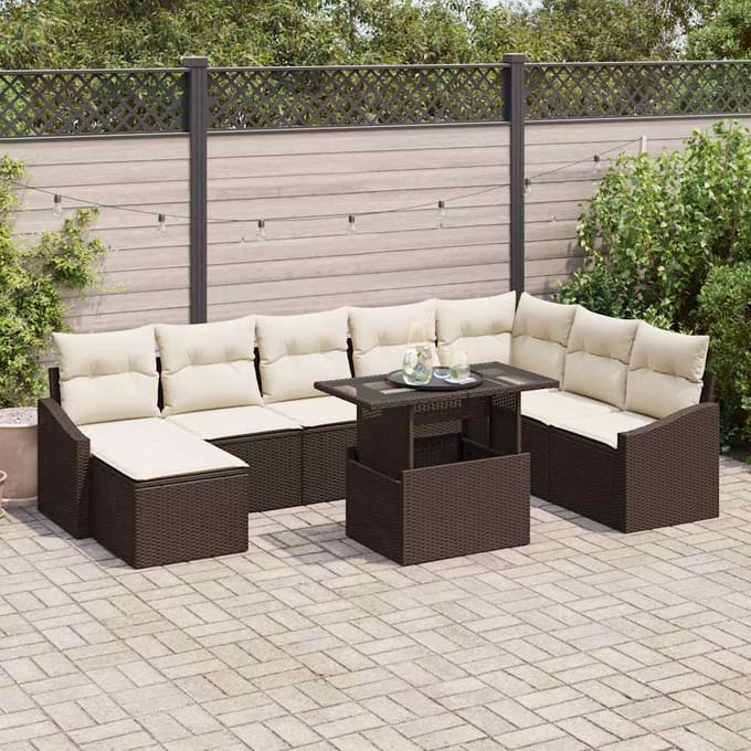 vidaXL Bankstel met kussen met opslag 9 pcs Bruin en Crème poly rattan
