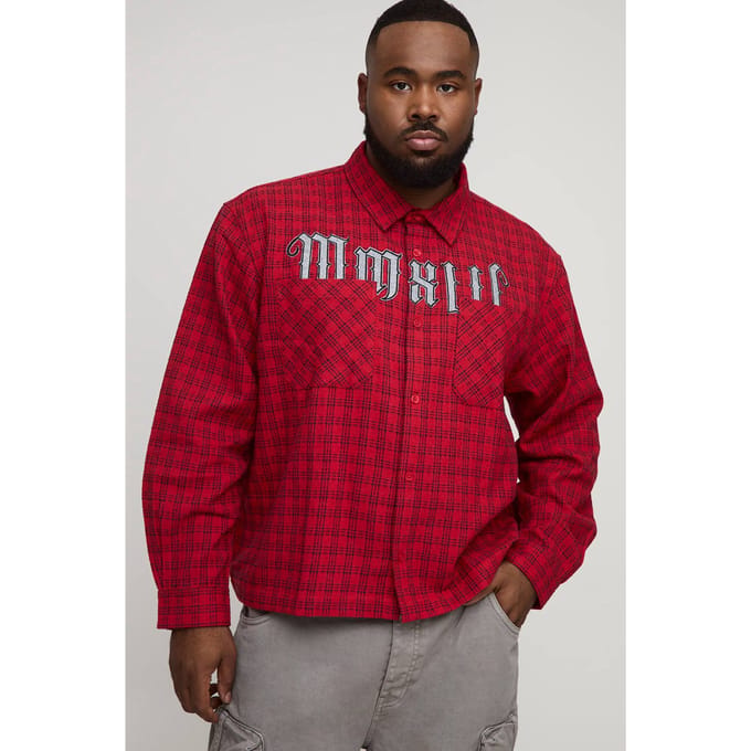 Plus Oversized Boxy Microcheck MMXIII Applique Double Pocket Long Sleeve Shirt | Red | Size 3XL