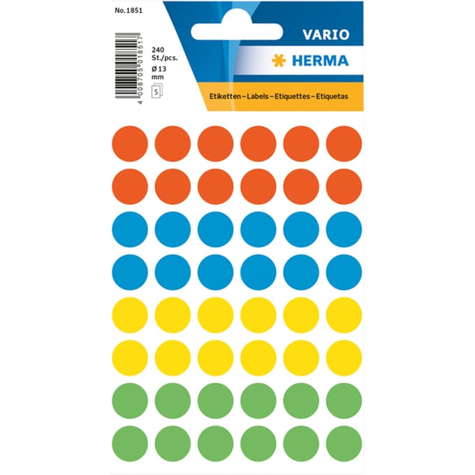 HERMA 1851 UNIVERSELE ETIKETTEN Ø12MM ASSORTI KLEUREN