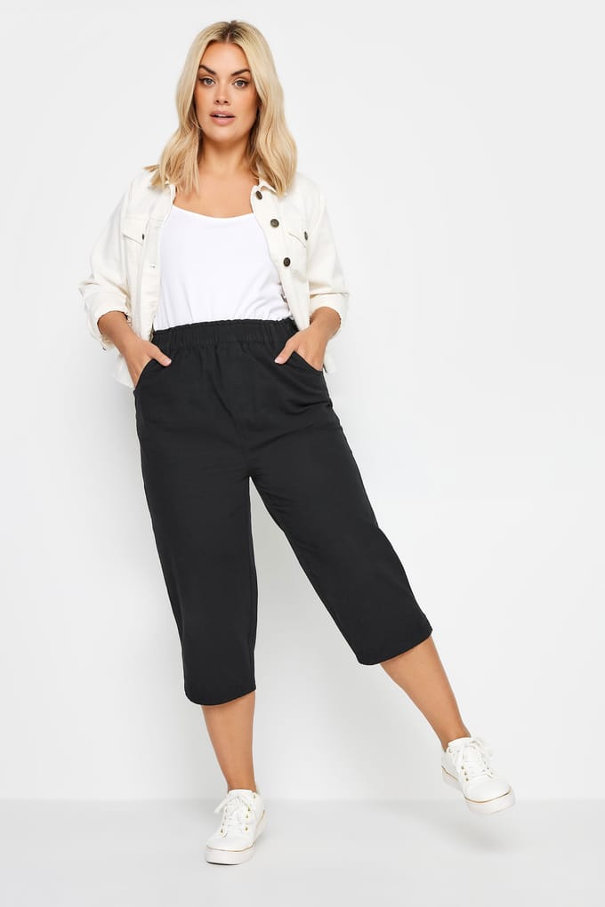 Yours Katoenen Cropped Broek Met Elastische Tailleband In Zwart Size 48