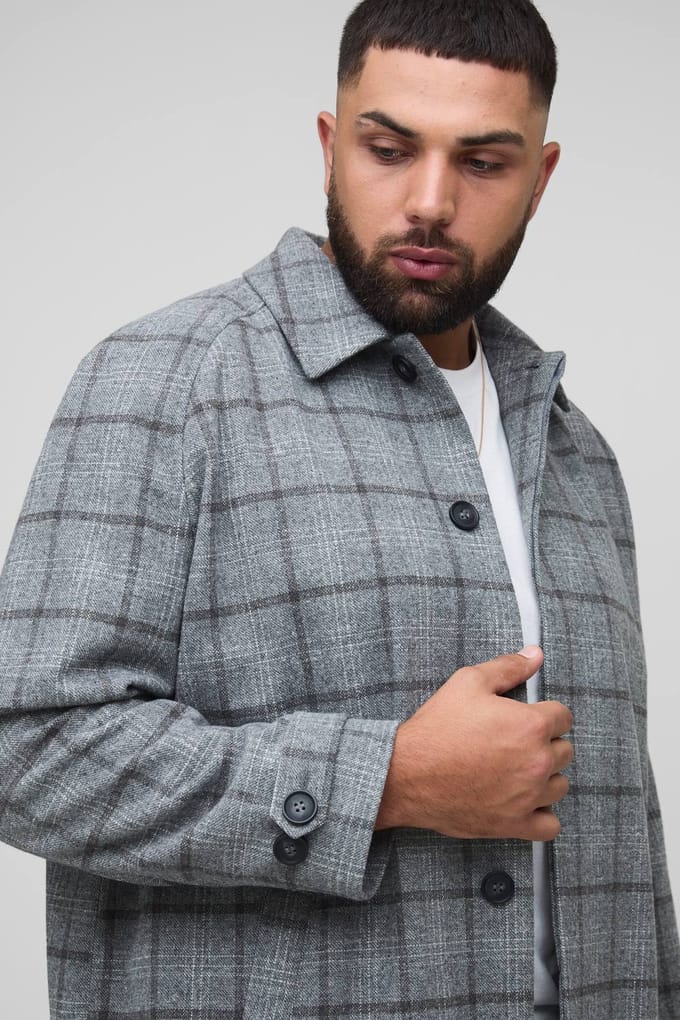 Plus Regular Fit Raglan Single Breasted Check Collar Buckle Car Coat | Grey | Size 2XL
