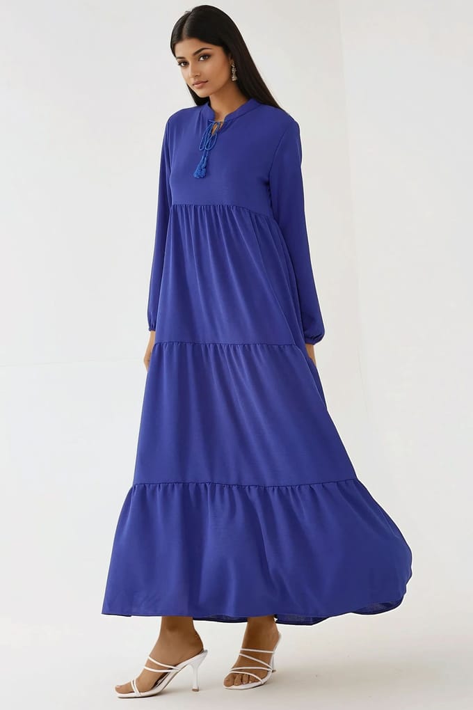 Gelaagd Lange Mouw Crew Neck Maxi Jurk
