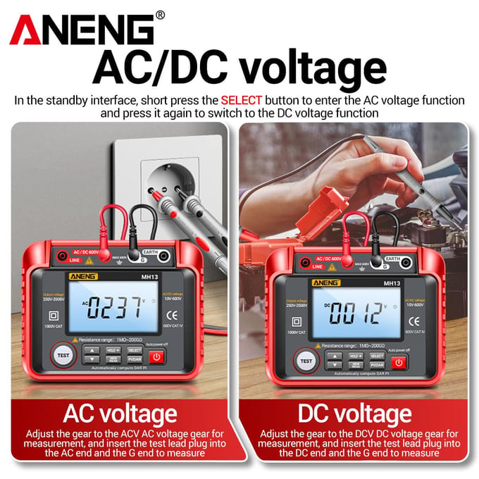 ANENG MH13 250V-2500V digitale isolatieweerstandstester rood