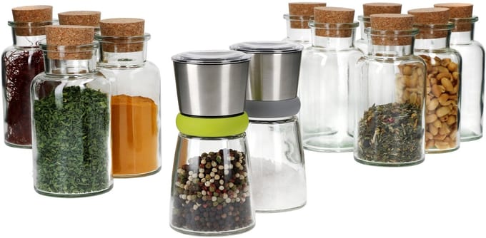 Geschenkset 2x kruidenmolen + 10x kruidenpotje 300ml met kurken deksel