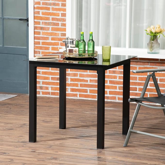 Sweiko Tuintafel - Glazen tafelblad - Metaal - 80 x 80 x 74 cm - Zwart