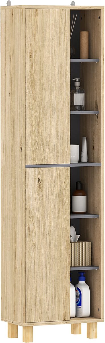 HOMCOM Meubel badkamerkolom, badkamerkast met 6 open vakken en 2 kasten, dim. 40l x 24P x 148H cm, natuurlijk drankje