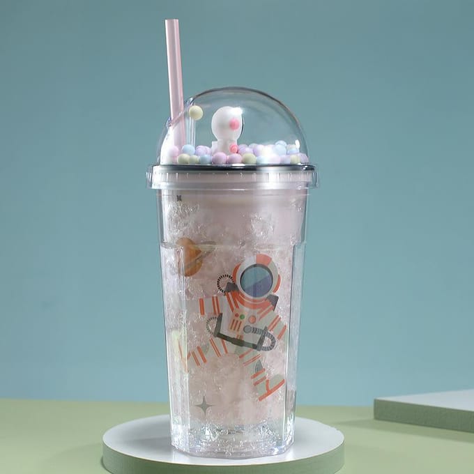 Waterbeker Cartoon Astronaut Dubbele Plastic Beker Student Zomer Hoogwaardig Cadeau Strobeker 450ML