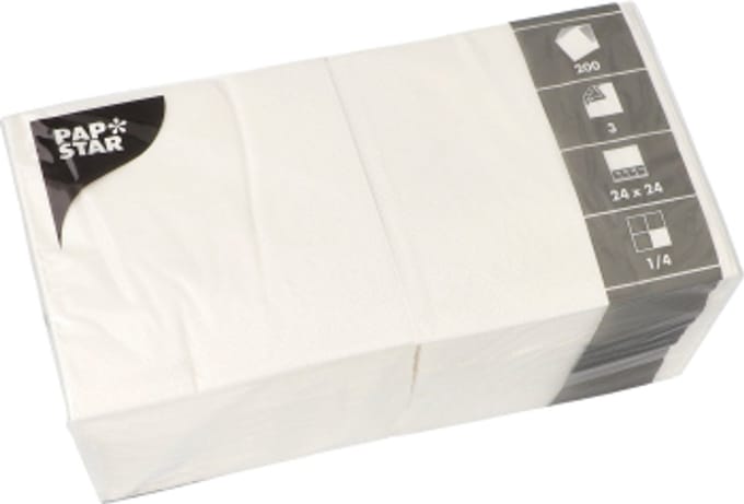 200 Servetten 3-laags 1/4 vouw 24 cm x 24 cm wit