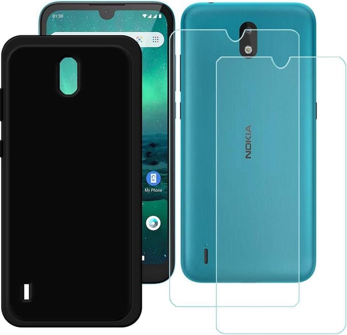 Silicone hoesje zwart met 2 Pack Tempered glas Screen Protector Geschikt voor: Nokia 1.3