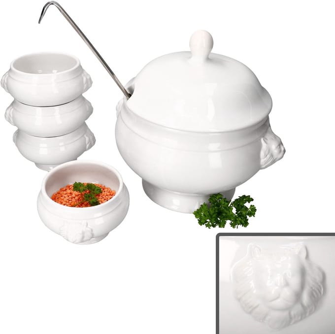 5-delige set LEO terrine met leeuwenkop 1x 2 liter & 4x 0,25L wit steengoed