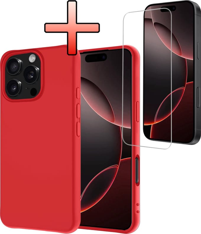 Hoesje - Met Screenprotector - Geschikt voor Apple iPhone 16 Pro - Sterk & Shockproof - Back Cover - Siliconen Case - Telefoon Hoes - Rood