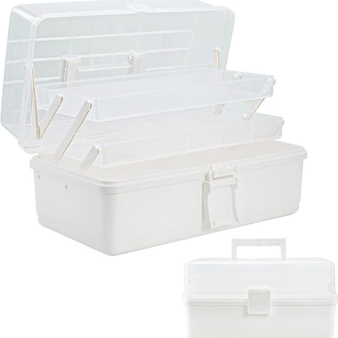 Famanu - 33 cm opbergbox 3 lagen, multi-purpose, met compartimenten & 2 trays, wit