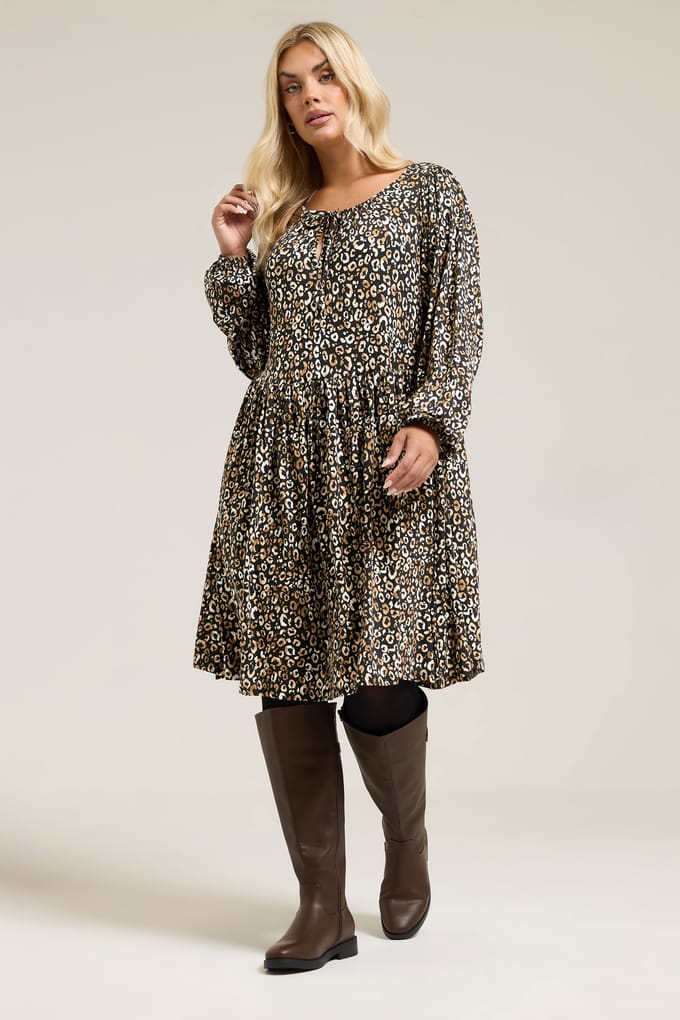 Yours Zwarte Jurk Met Luipaardprint En Strikhals Size 48
