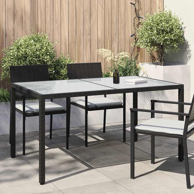 vidaXL - Tuintafel - 150x90x75 - cm - gehard - glas - en - poly - rattan - zwart