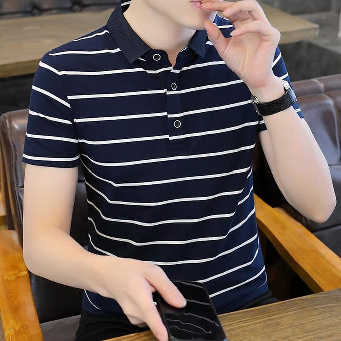 Zomer Nieuw Milieuvriendelijk Katoen Gestreept POLO Shirt T-shirt met korte mouwen 4XL gray