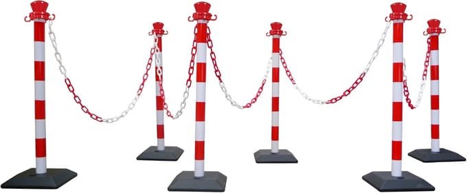 Set van 6 monobloc ABS-palen met 10 m ketting – verzwaarde basis – rood/wit