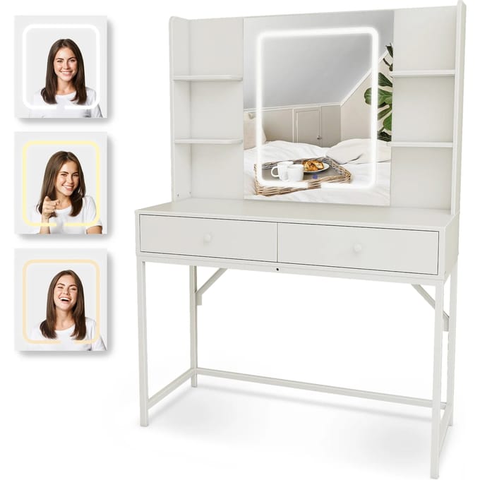 Kaptafel met Spiegel en LED verlichting - 100x40x140cm - Wit